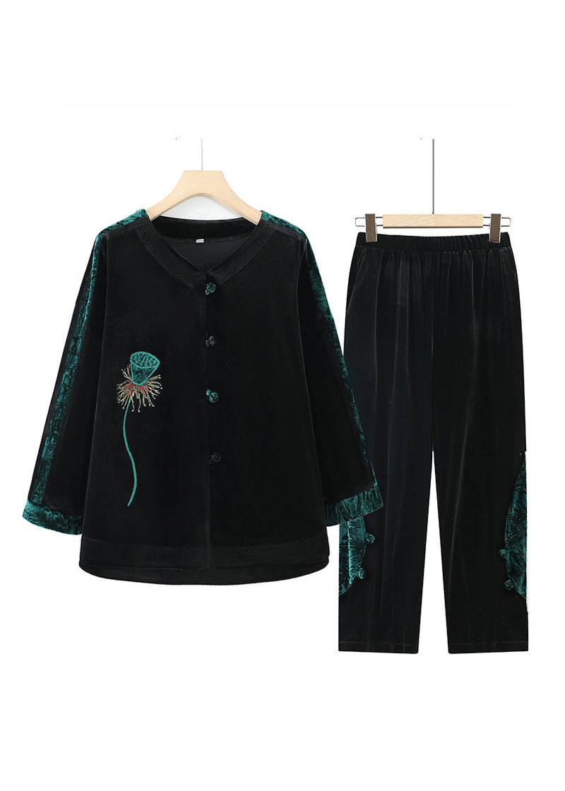 Coffee Embroidered Patchwork Velvet Two Pieces Set Fall