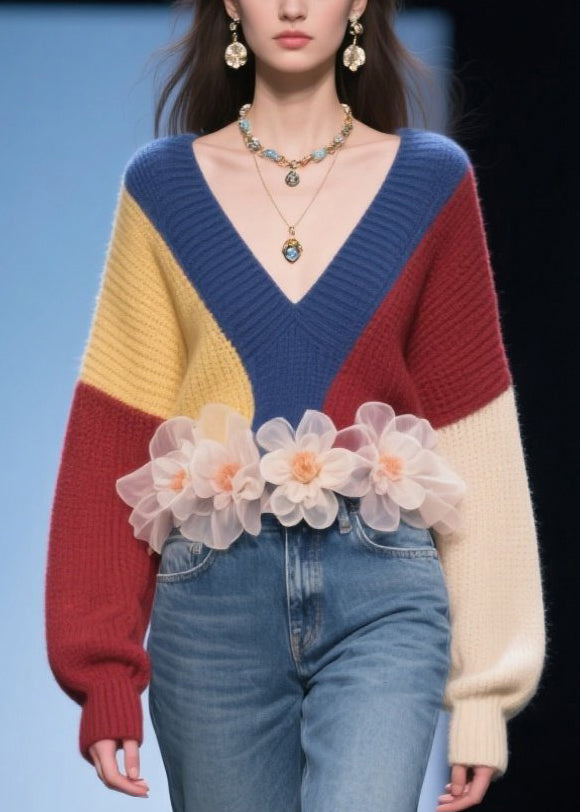 Colorblock V Neck Thick Knit Sweater Tops Fall