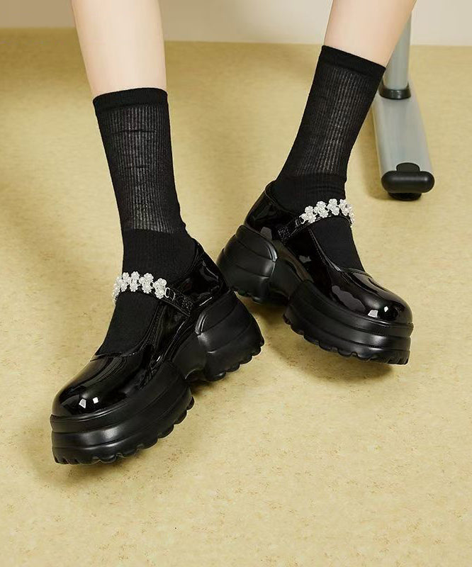 New Platform Loafers Black Faux Leather Buckle Strap Zircon