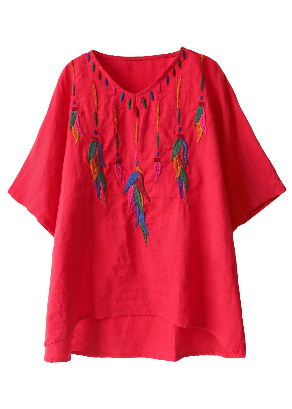 Classy Red Embroideried Low High Design V Neck Linen Shirt Top Short Sleeve