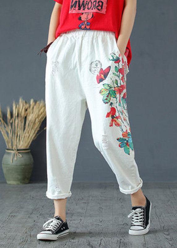 Stylish White Print High Waist Hole Harem Cotton Pants