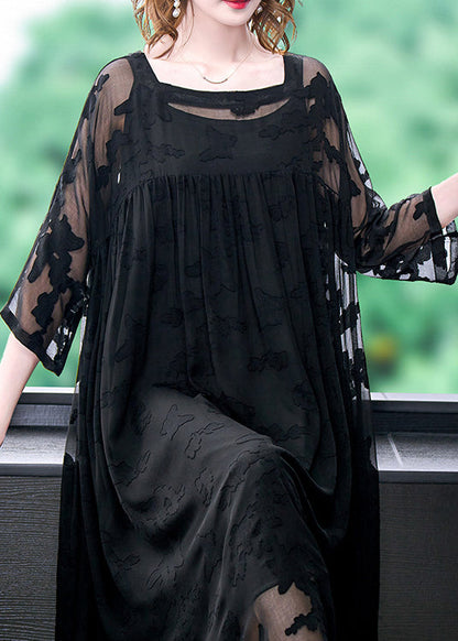 Black Square Collar Embroideried Chiffon Dress Two Pieces Set Summer