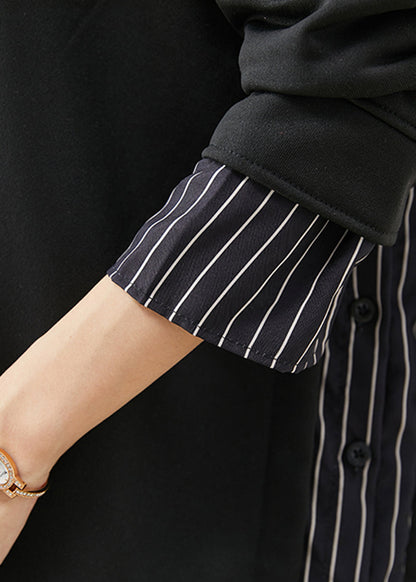 Black Oversized Patchwork Striped Cotton Sweatshirt Fall