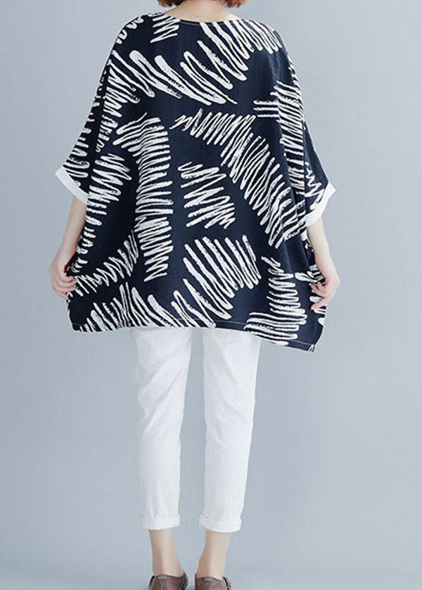 Black O-neck Asymmetrical Print Cotton Shirt Top Summer
