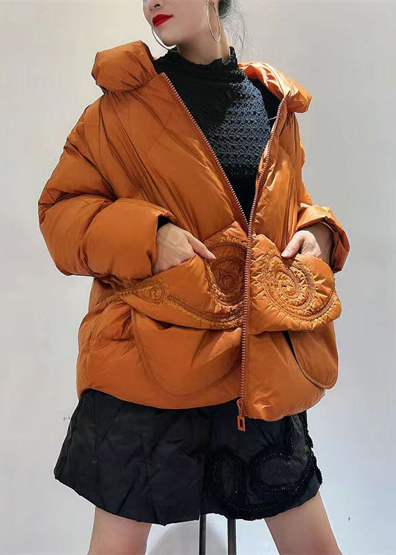 Orange Zip Up Pockets Patchwork Duck Down Down Coats Winter