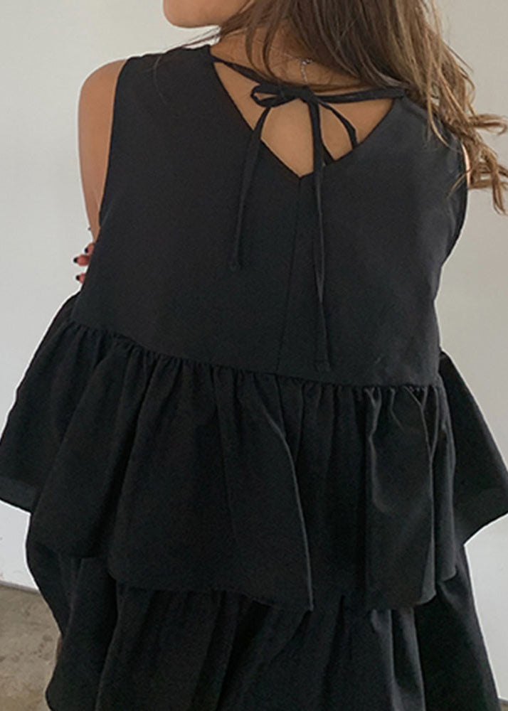 French Black Ruffled Cotton a Line Tank Sleeveless