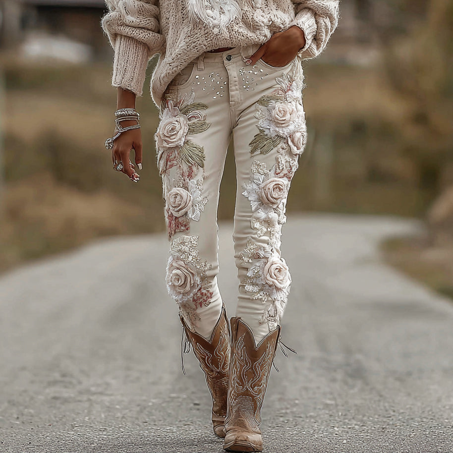 Women's Vintage Rose Floral Embroidery Art Jeans artswardrobe
