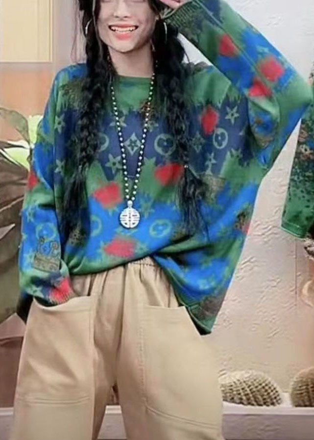 Simple Green O-neck Oversized Print Knit Short Sweater Spring