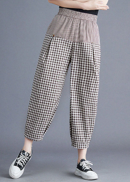 Khaki Plaid Elastic Waist Patchwork Linen Harem Pants Summer