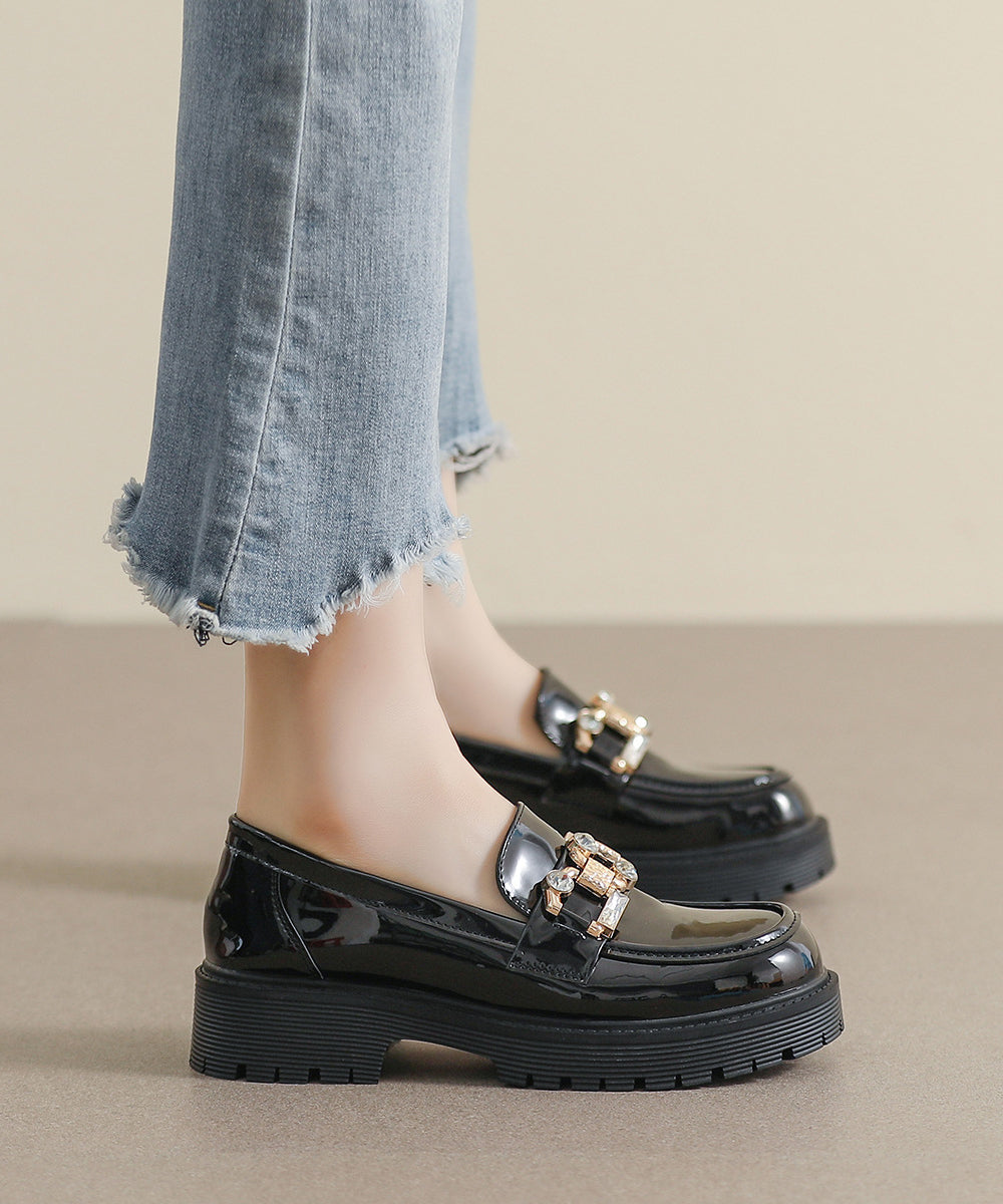 Black Zircon Platform Faux Leather Splicing Loafers