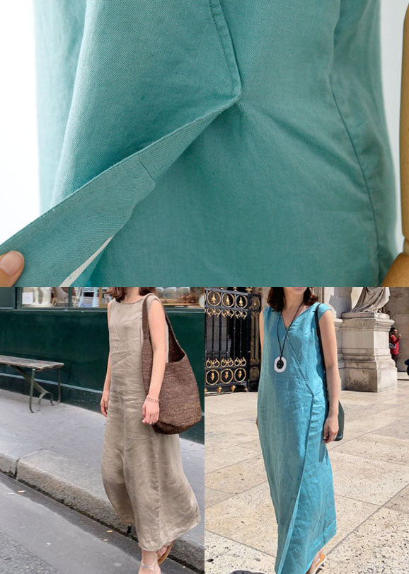 French Camel Asymmetrical Linen Long Dress Sleeveless Summer