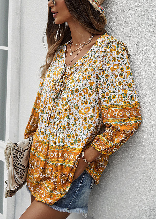 Yellow V Neck Lace Up Print Patchwork Cotton Top Long Sleeve