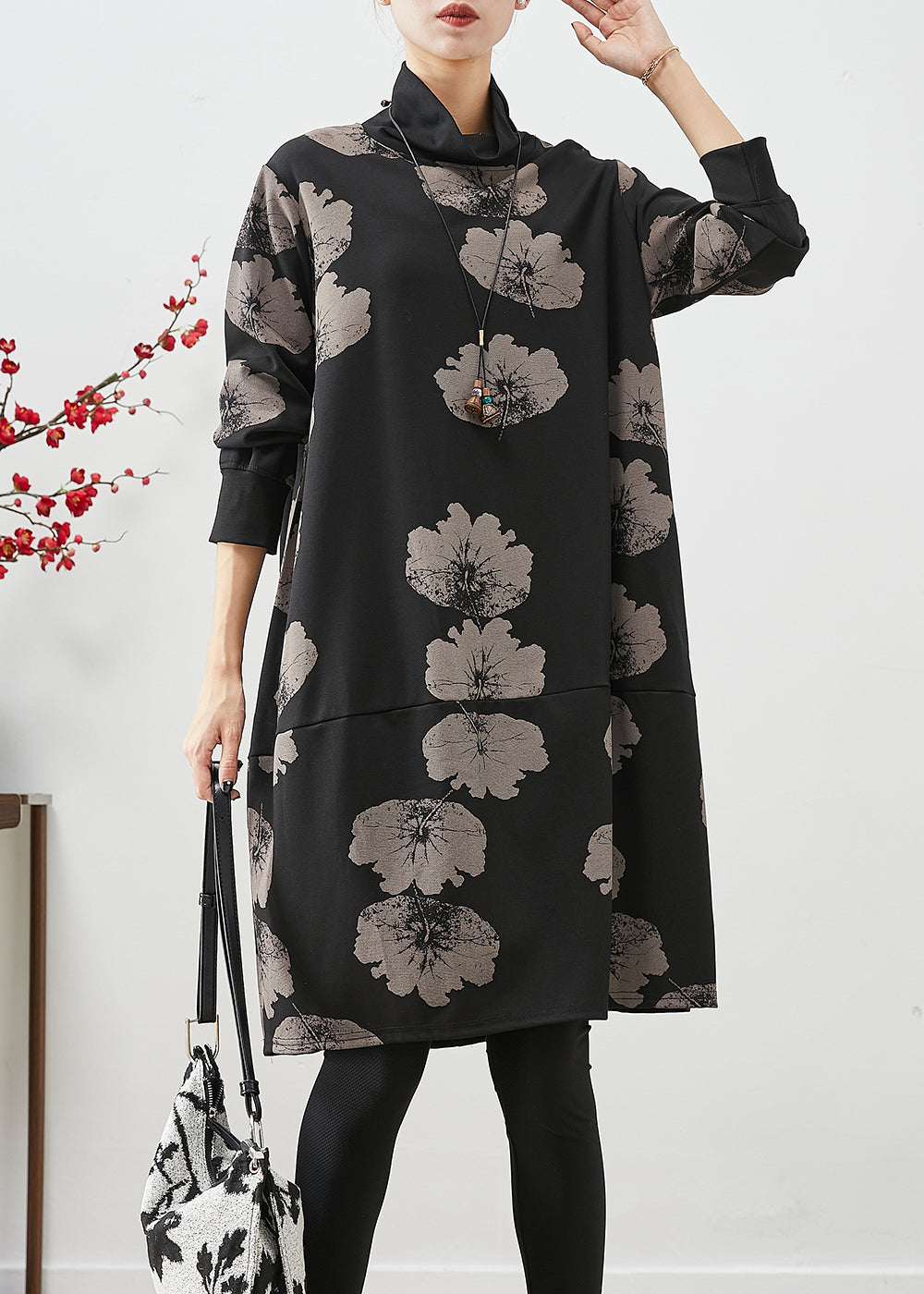 Black Turtle Neck Print Cotton Dresses Fall