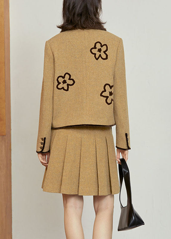 Ginger Peter Pan Collar Woolen Coat and Skirts Two Pieces Set Long Sleeve