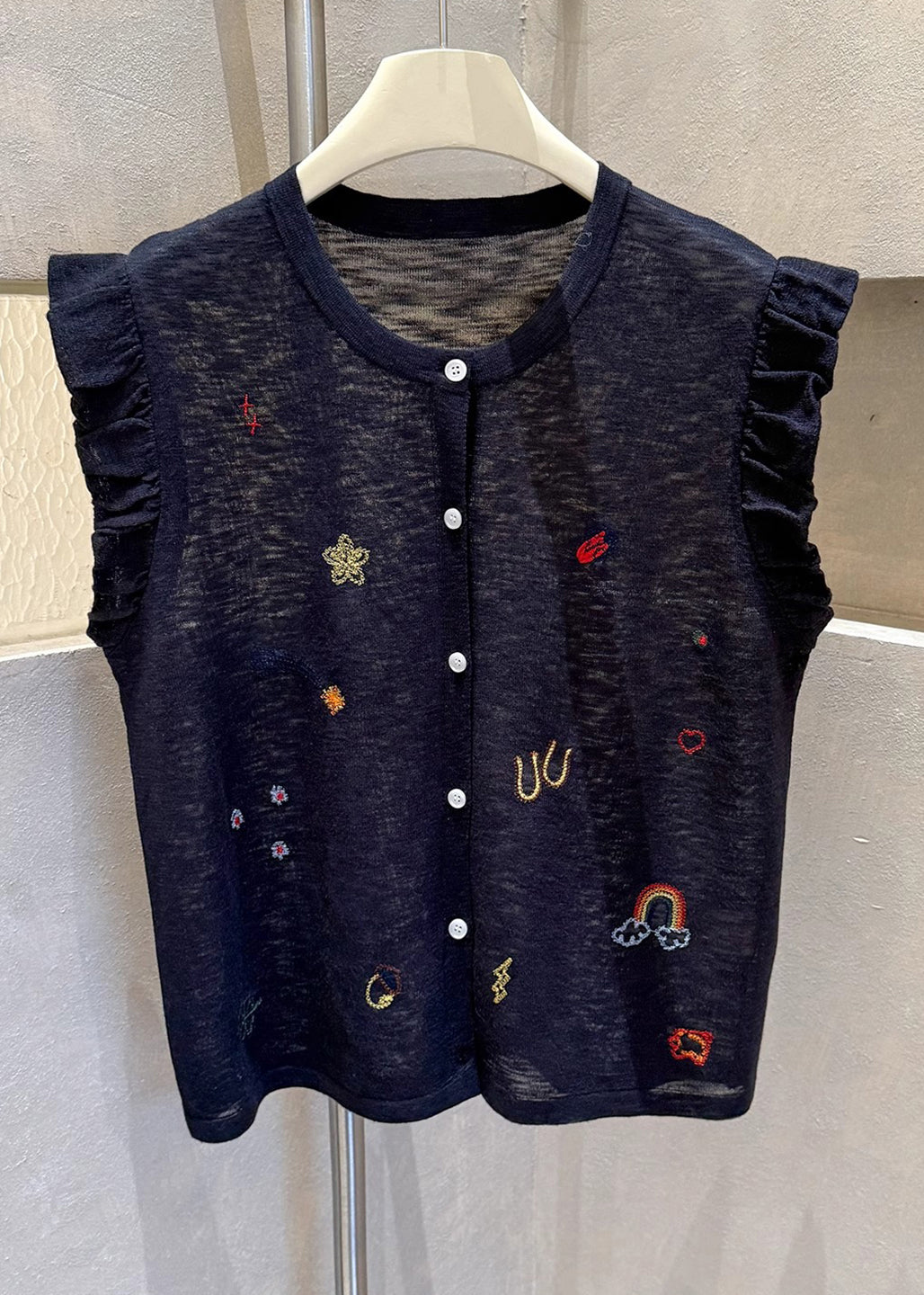 Grey Embroideried Button Down Cotton Vests Sleeveless