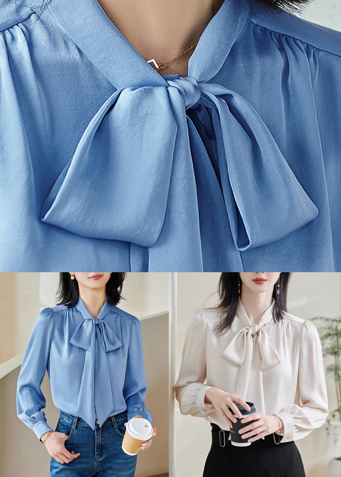 Stylish Blue Bow Patchwork Shirt Fall