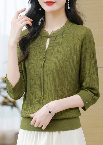 Simple Green O-neck Button Knit T Shirt Bracelet Sleeve Fall