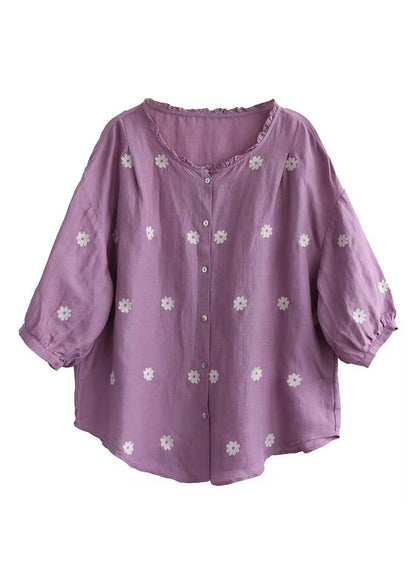 Purple O-neck Print Linen Top Summer