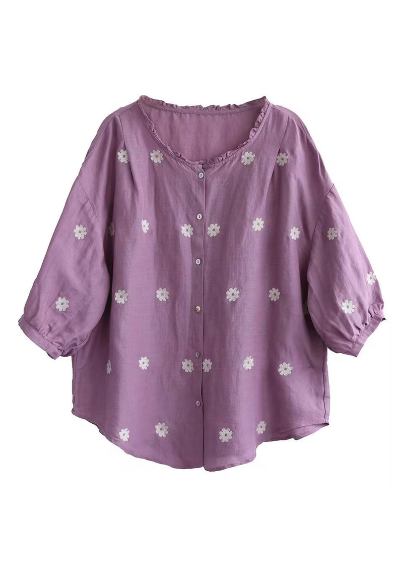 Purple O-neck Print Linen Top Summer