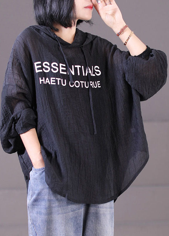 Classy Black Hooded Drawstring Wrinkled Cotton Sweatshirt Long Sleeve