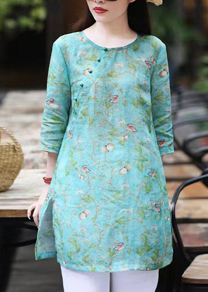 Green O Neck Print Linen Shirt Top Bracelet Sleeve