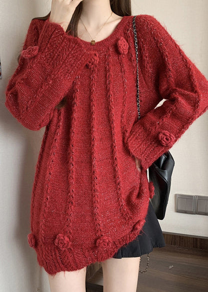 Red Decorated Knit Sweaters Oversized Fall