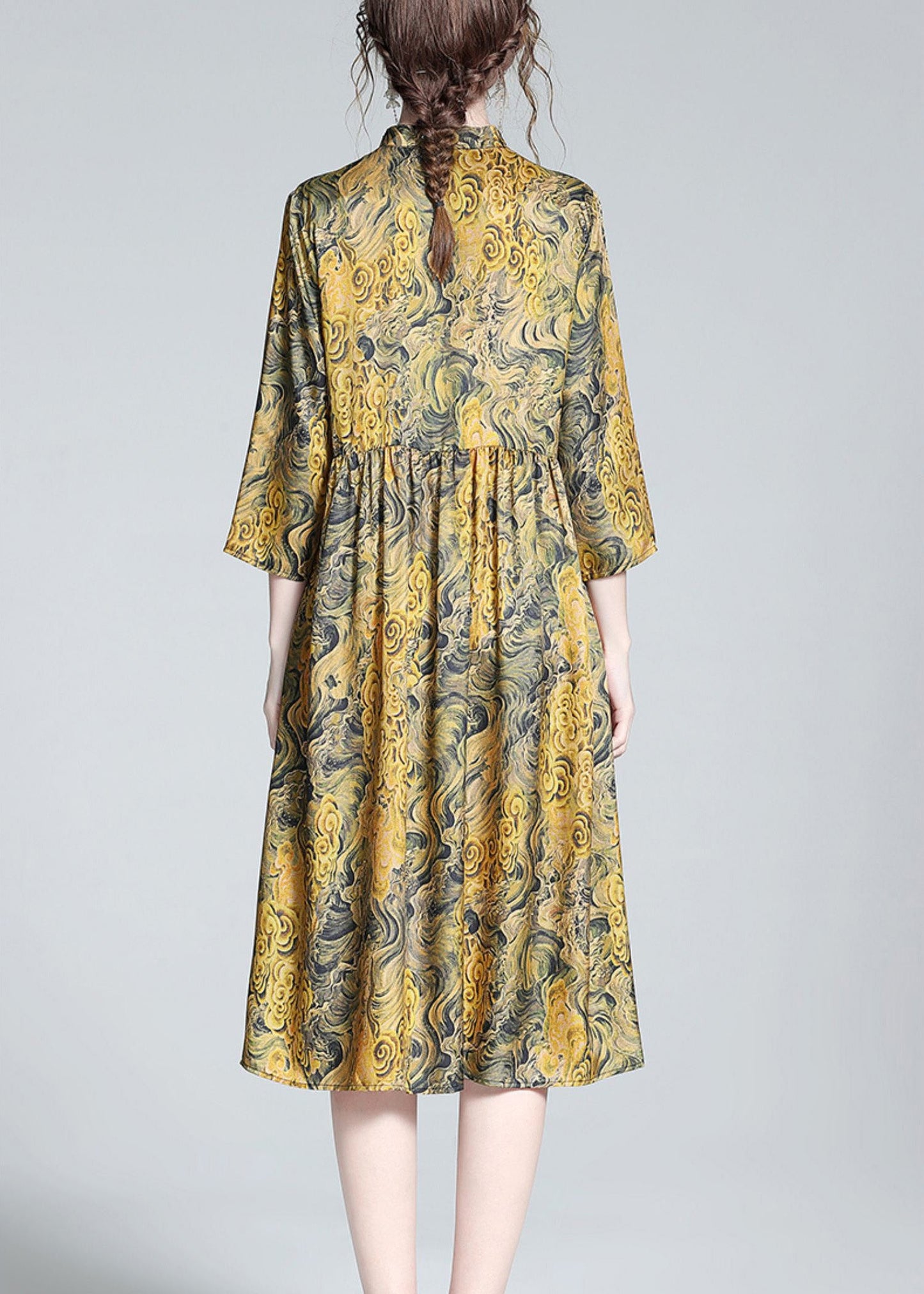 Yellow Stand Collar Print Button Silk Maxi Dress Summer