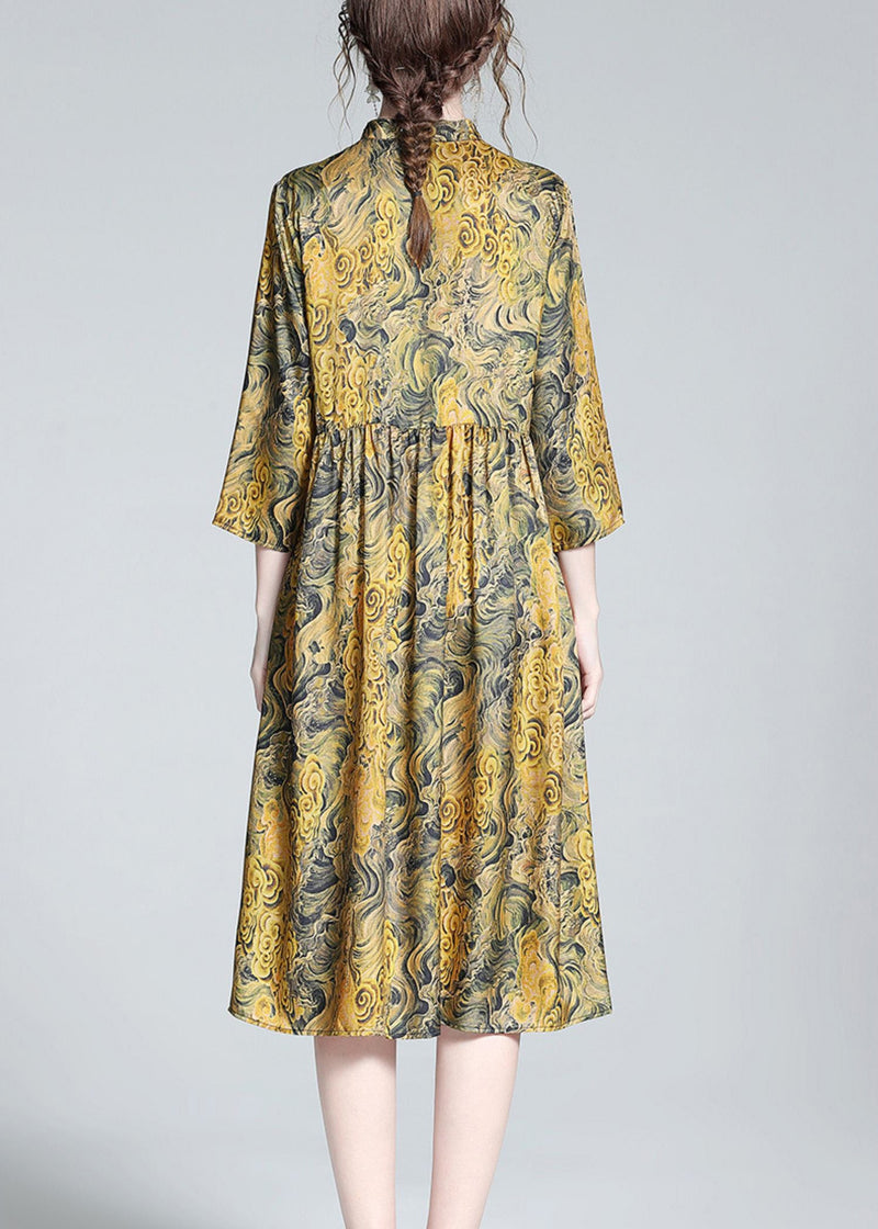 Yellow Stand Collar Print Button Silk Maxi Dress Summer