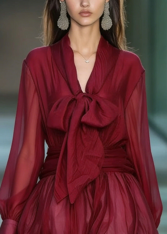 Red Lace Up Patchwork Chiffon Mini Dress Spring