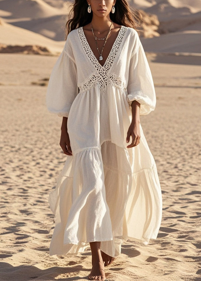 White V Neck Patchwork Hollow Out Cotton Dress Lantern Sleeve Summer