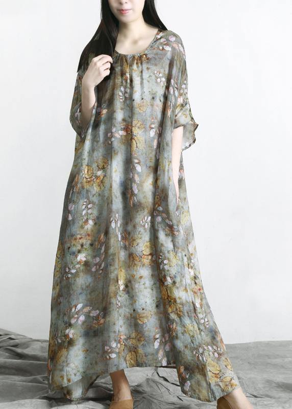 Grey Green Print Linen Pockets Summer Dresses
