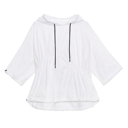 Unique Black Hooded Cinched Half Sleeve Top