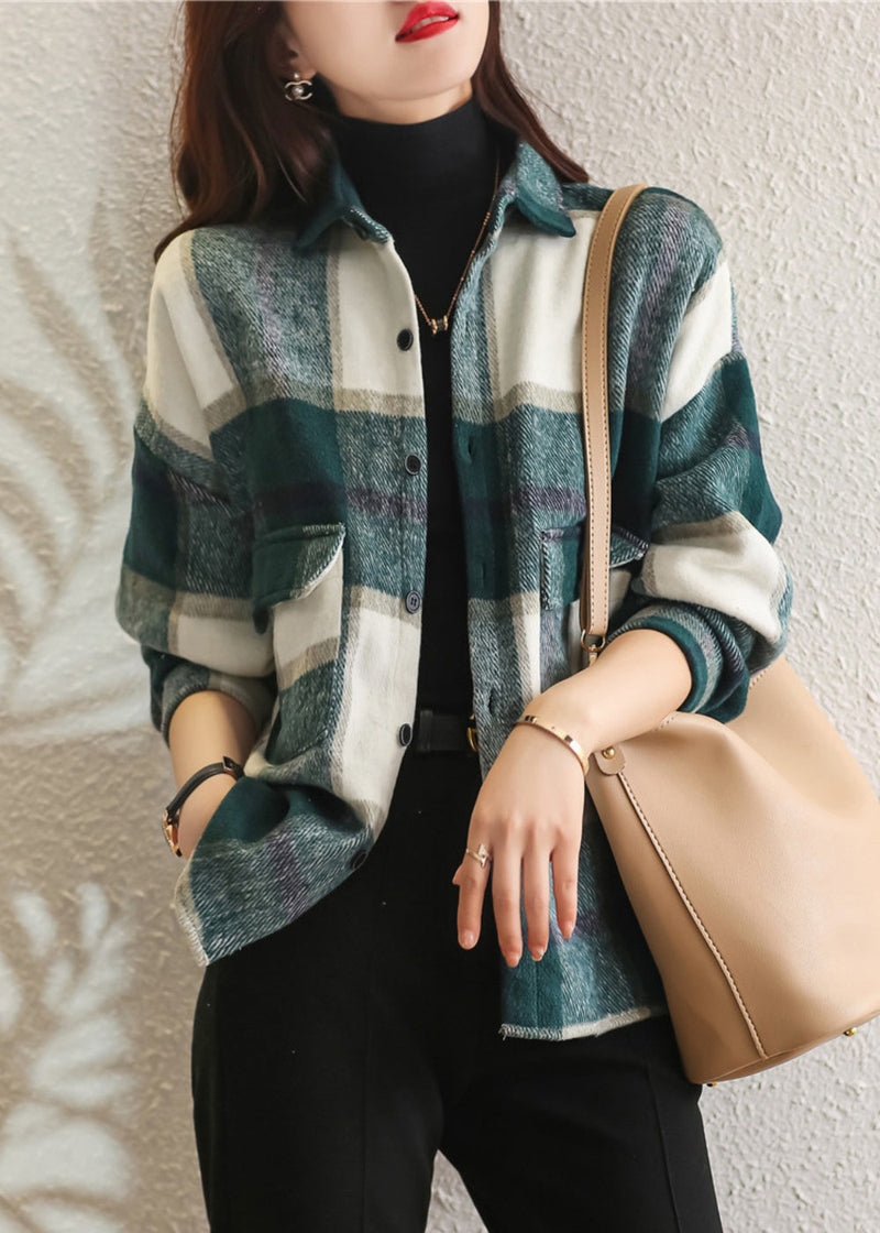 Green Plaid Peter Pan Collar Cotton Shirt Tops Fall