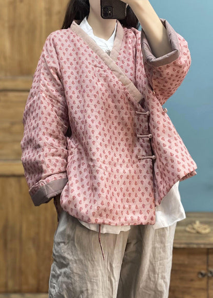 Pink Print Button Pockets Cotton Filled Coat Winter