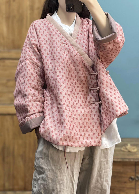 Pink Print Button Pockets Cotton Filled Coat Winter