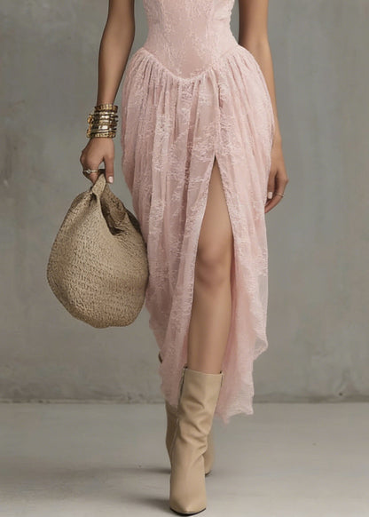 Pink V Neck Side Open Lace Spaghetti Strap Dress Sleeveless