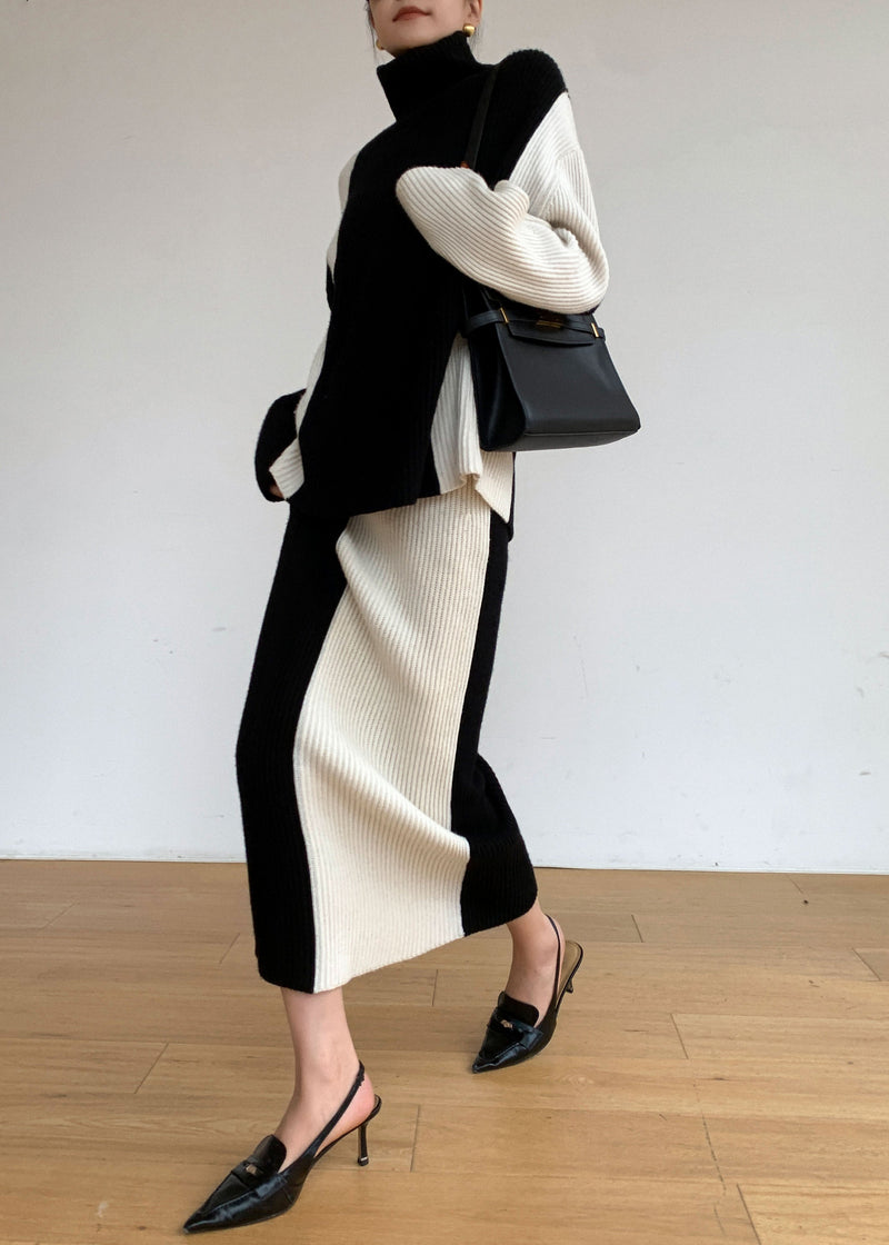 Loose Black Turtleneck Patchwork Tops and Skirts Knit Two Pieces Set Fall
