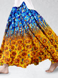 Ukrainian Flowers Oil Painting Flowy Linen Blend Wide Skirt artswardrobe