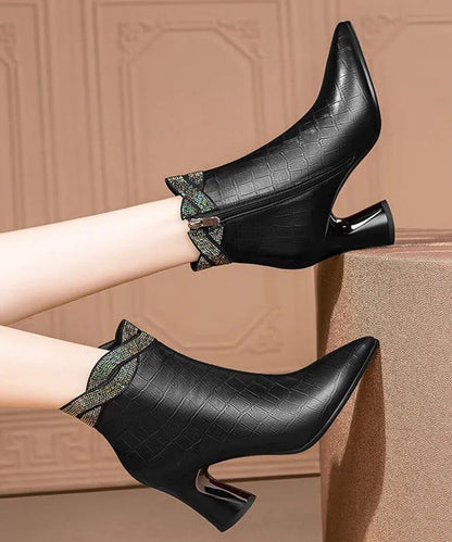 Black Pointed Toe Cowhide Leather Boots Splicing Zircon