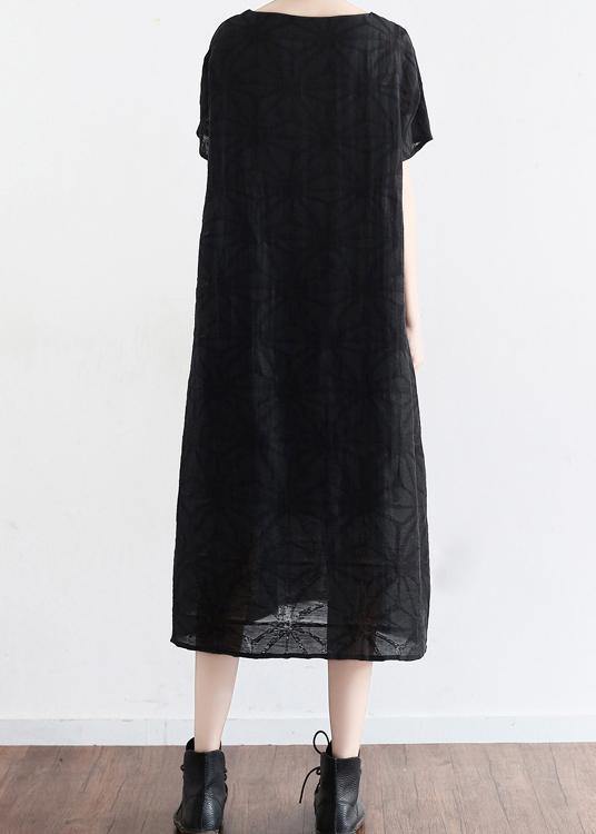 Summer Black Cotton Hemp Embroidered Oversized Dress