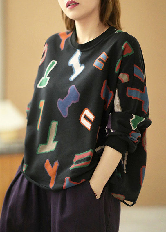 Modern Black Loose O-neck Graphic Hole Fall Sweatshirts Top