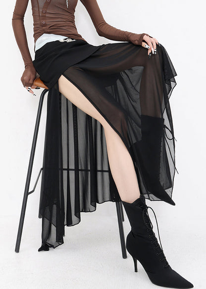 Slim Fit Black Asymmetrical Patchwork Tulle Skirts Summer
