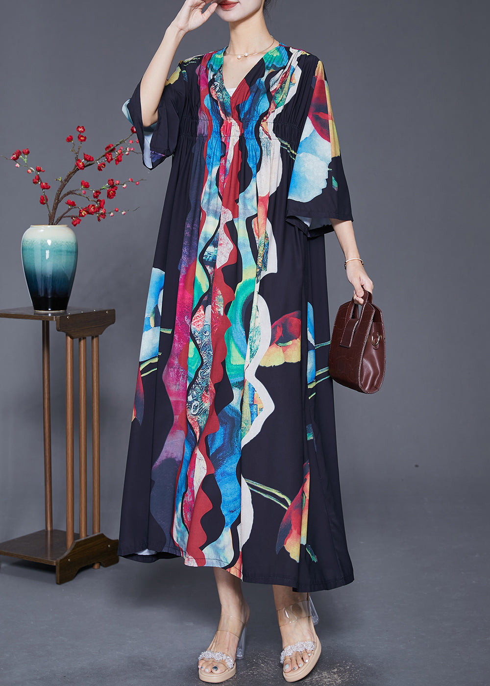 Black Oversized Wrinkled Print Chiffon Long Dress Summer