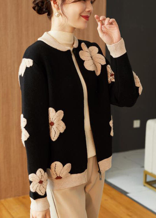 Black Stand Collar Embroideried Woolen Coats Long Sleeve