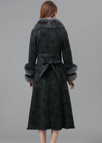 Black Warm Faux Rabbit Leather and Fur Coats Fox Collar Tie Waist Winter