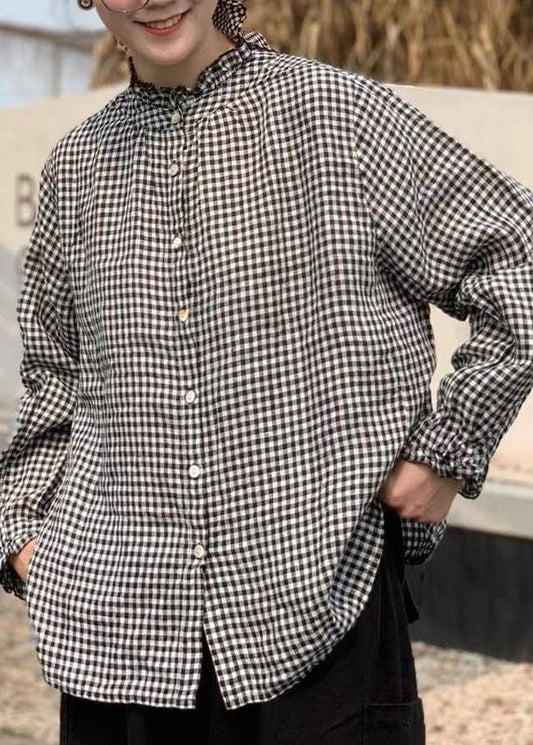 Art Black White Plaid Button Ruffled Fall Long Sleeve Blouse Top