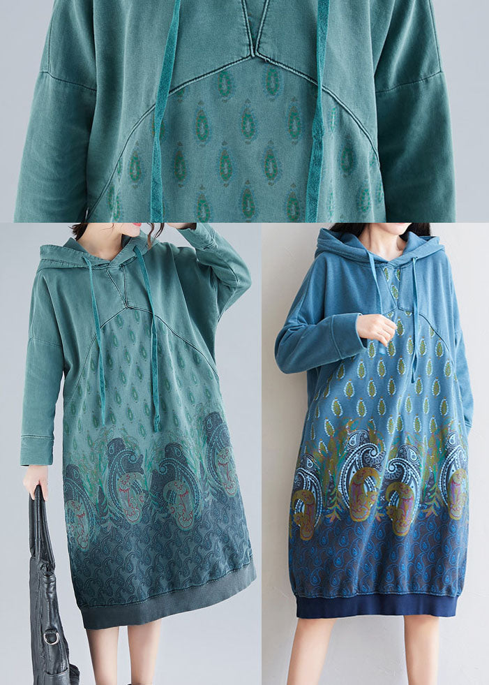 Blue Pullover Dresses Drawstring Hooded Spring