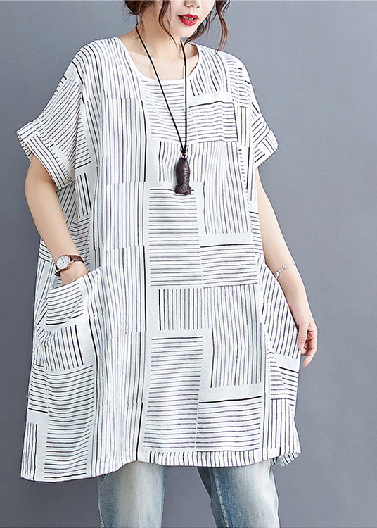 White O-neck Striped Linen Tank Tops Short Sleeve