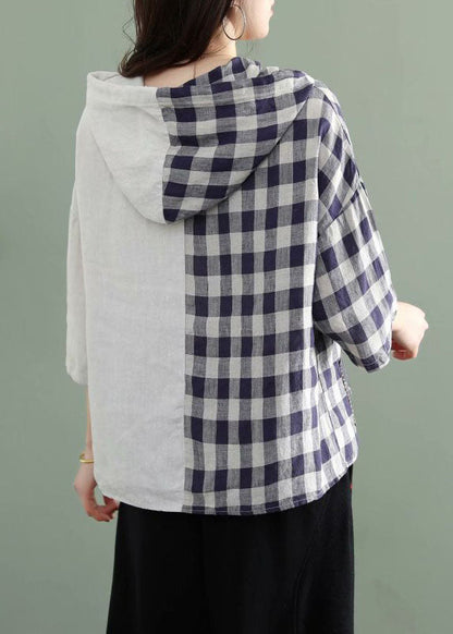 White Hooded Plaid Patchwork Fall Half Sleeve Shirt Top