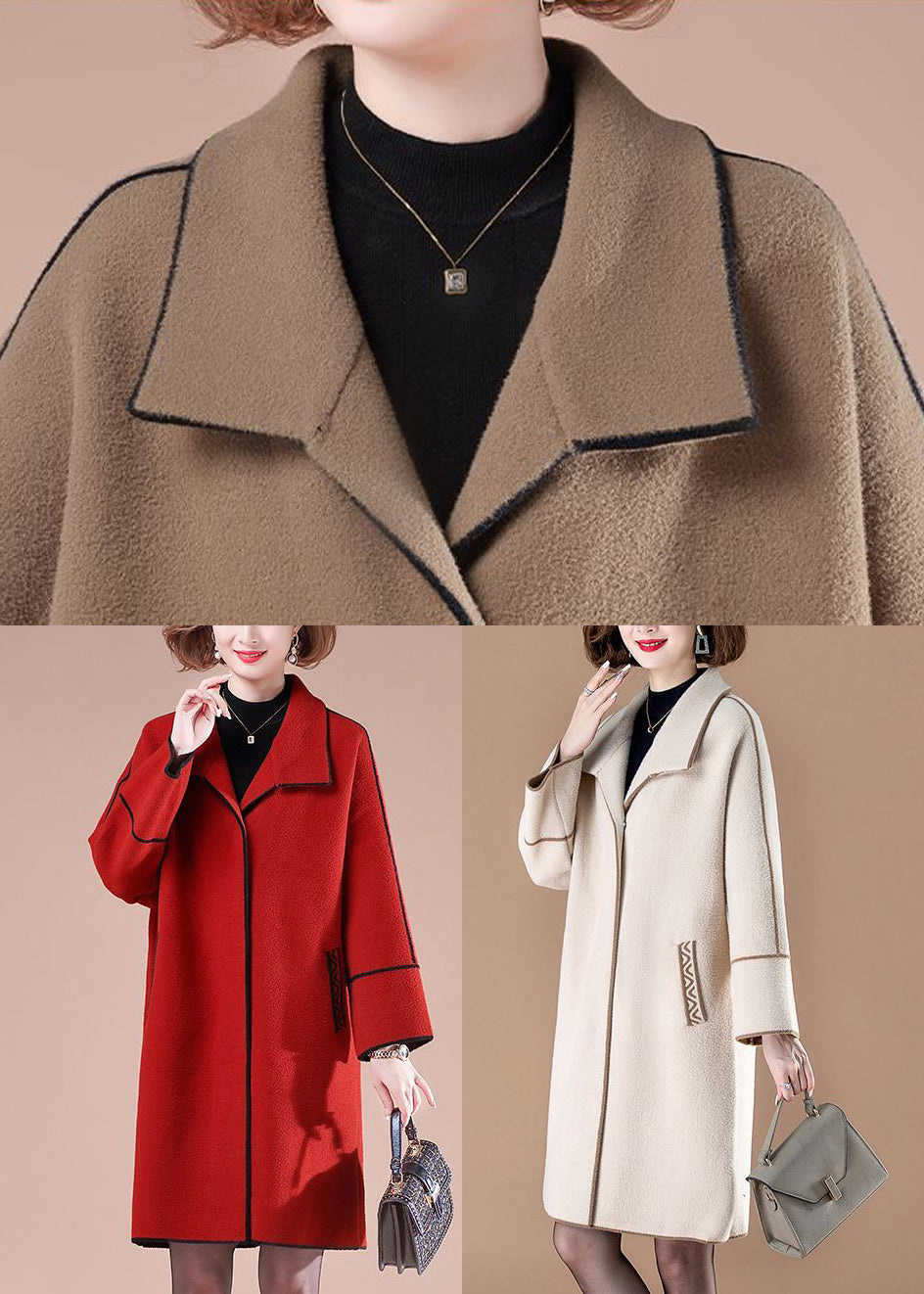 Red Oversized Patchwork Woolen Coats Winter